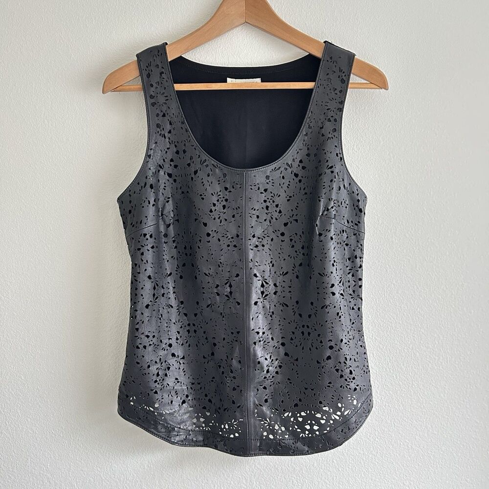 Hinge Black Leather Tank Top w/ Laser Cutouts | Size S